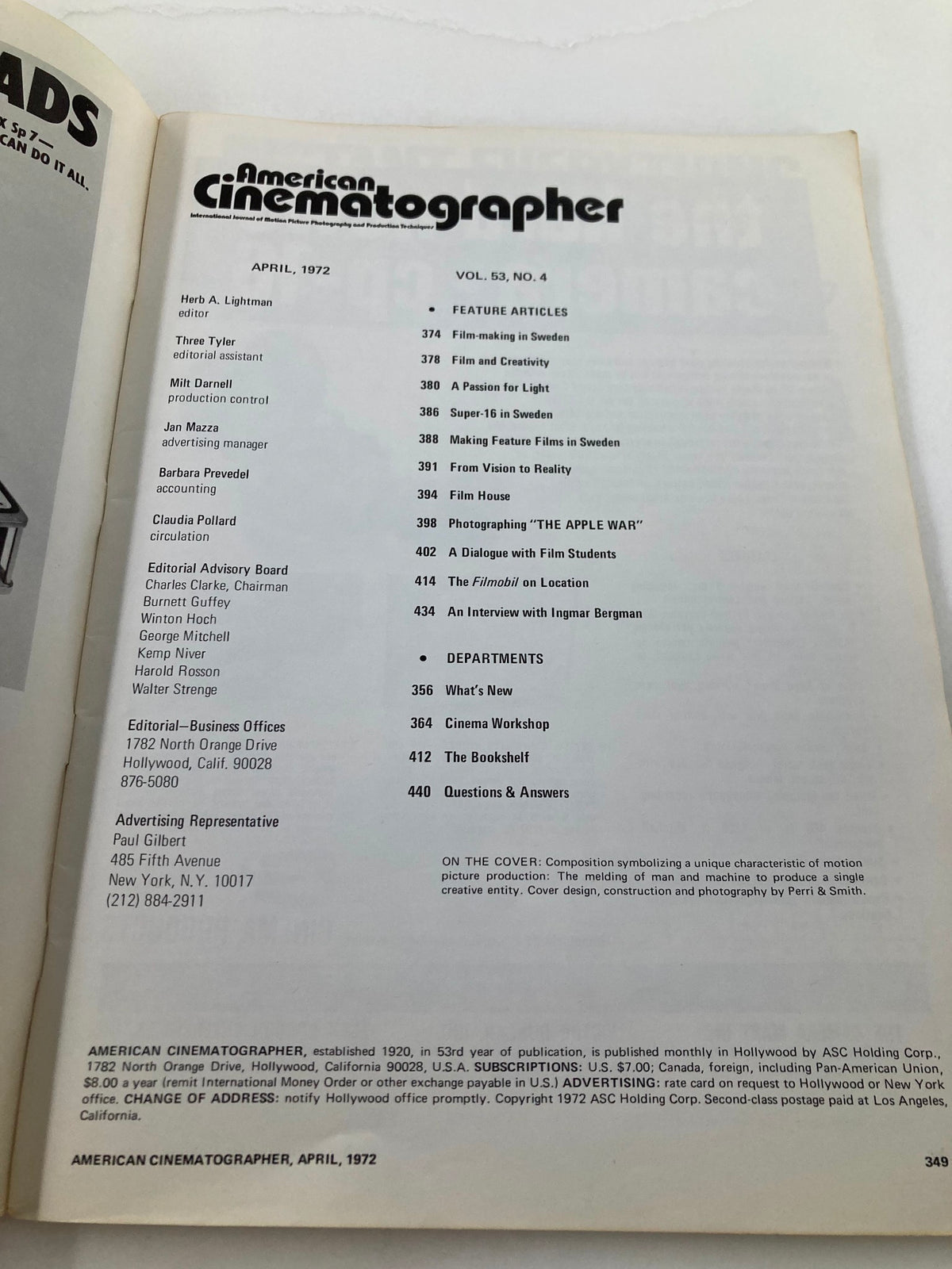 Table of contents from American Cinematographer Magazine, April 1972, listing feature articles including 'Film-making in Sweden' and other topics related to cinema.