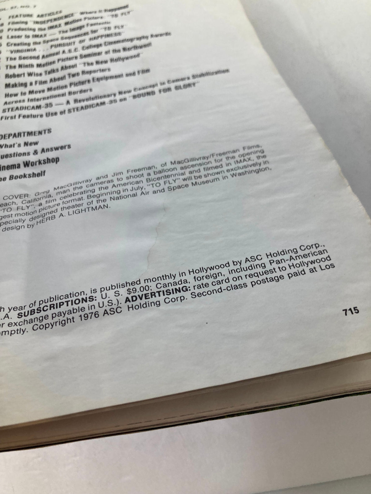 Close-up of the table of contents in American Cinematographer Magazine July 1976, outlining feature articles related to cinematography and film production.