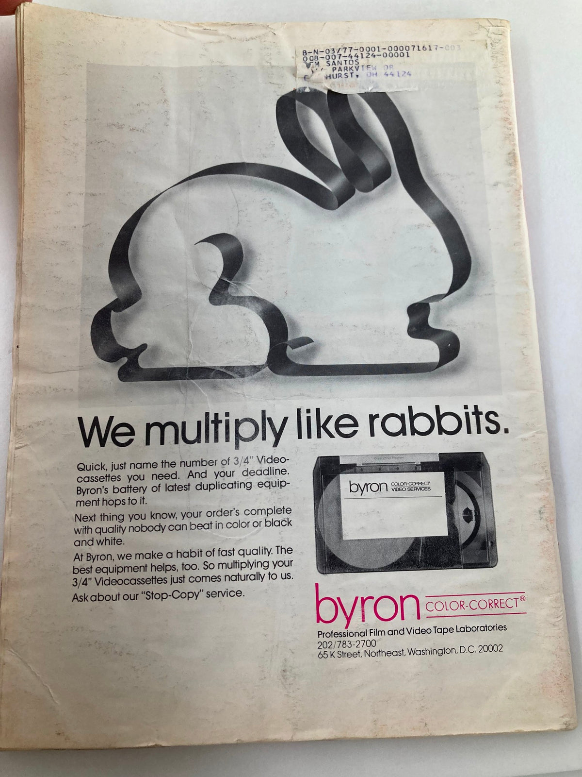 Back cover of American Cinematographer Magazine July 1976 featuring an advertisement for Byron color-correct video services, reflecting the era's promotional style.