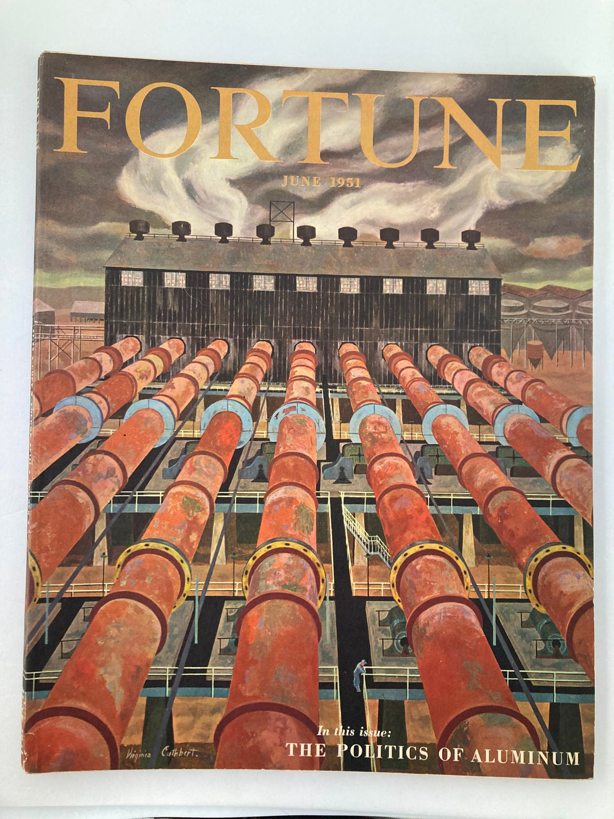Cover of VTG Fortune Magazine from June 1951 featuring an artistic depiction of aluminum pipes, highlighting the article 'The Politics of Aluminum'.