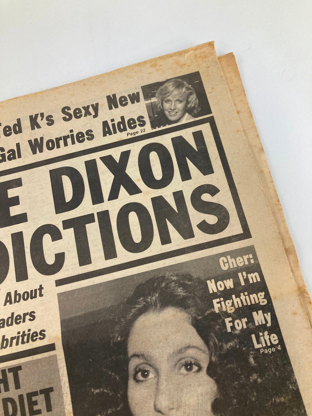 Close-up of the Midnight Globe Tabloid June 6 1978 cover, highlighting Jeane Dixon Predictions and a photo of Cher with the text about her fighting for her life.