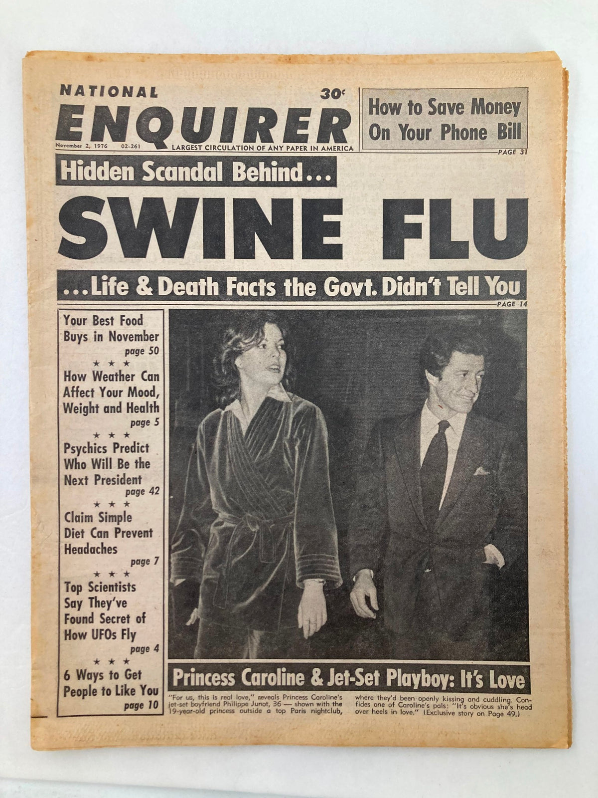 National Enquirer Tabloid November 2 1976 featuring Princess Caroline and Philippe Junot, highlighting Swine Flu and other articles, good condition with minor wear.