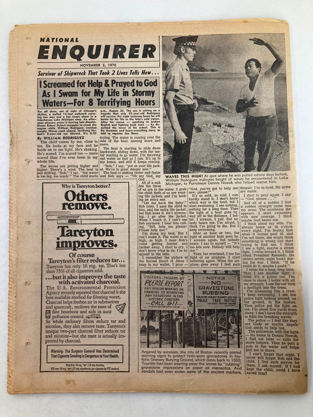 Back cover of National Enquirer Tabloid November 2 1976, showcasing features about survival stories and advertisements, showing signs of age and wear.