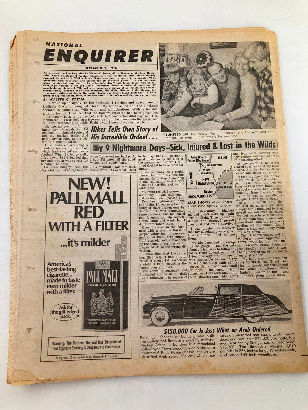 Back cover of the National Enquirer Tabloid December 7 1976, showcasing various intriguing headlines and advertisements, reflecting the 1970s celebrity culture.