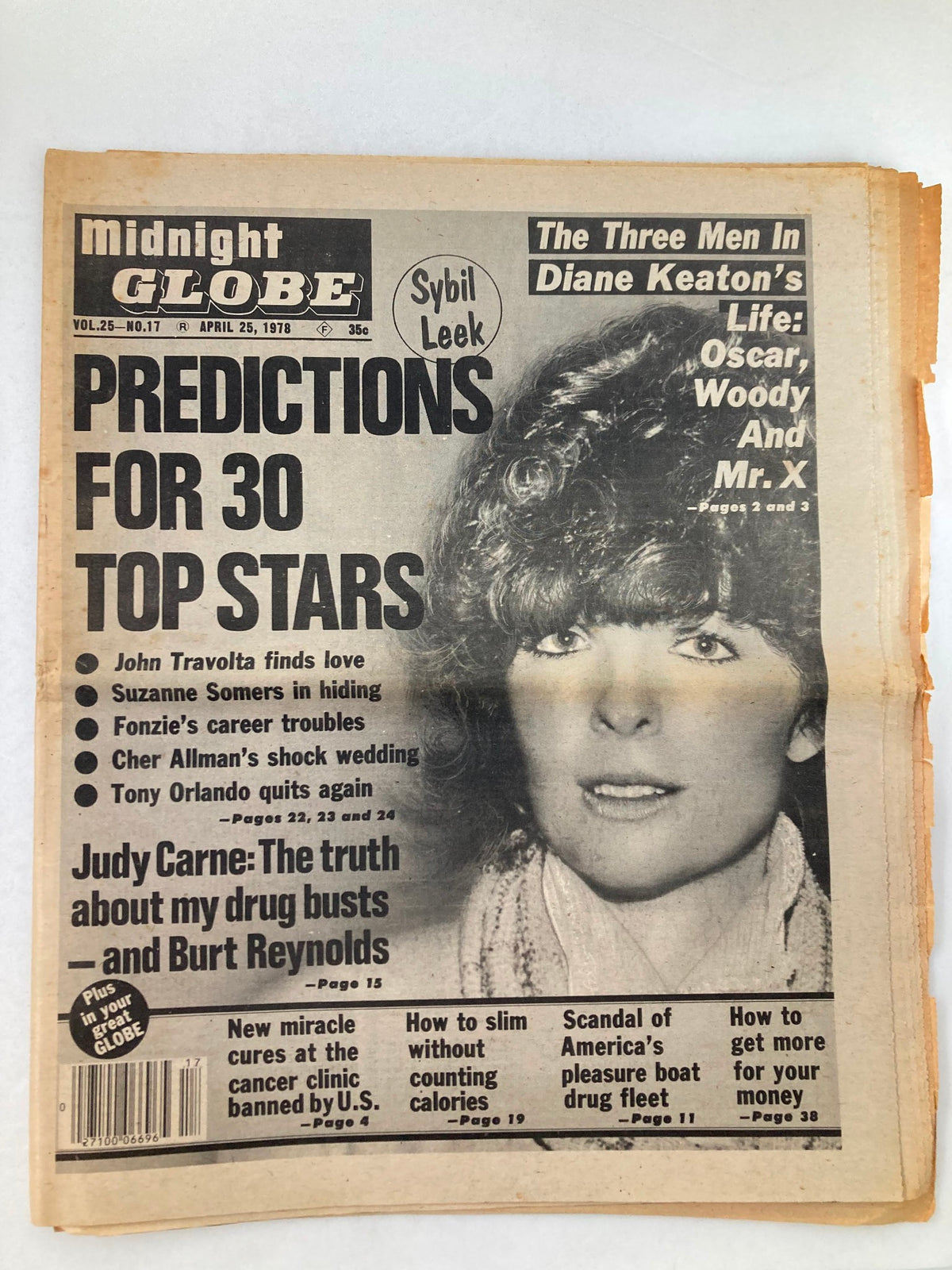 Cover of Midnight Globe Tabloid, April 25, 1978, Vol 25 #17 featuring Judy Carne and Burt Reynolds. The cover showcases headlines about predictions for celebrities and features a photograph of Judy Carne.
