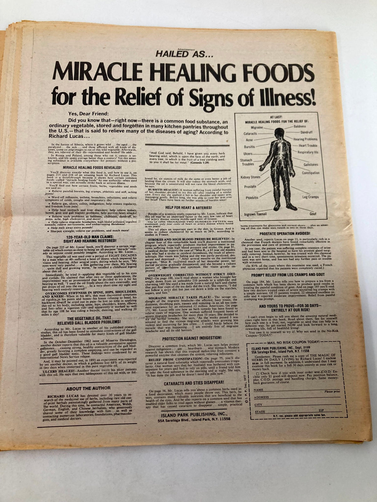 Inside page of Midnight Globe Tabloid, April 25, 1978, Vol 25 #17 titled 'Miracle Healing Foods for the Relief of Signs of Illness.' This page discusses health benefits and includes a visual representation of body parts affected by ailments.