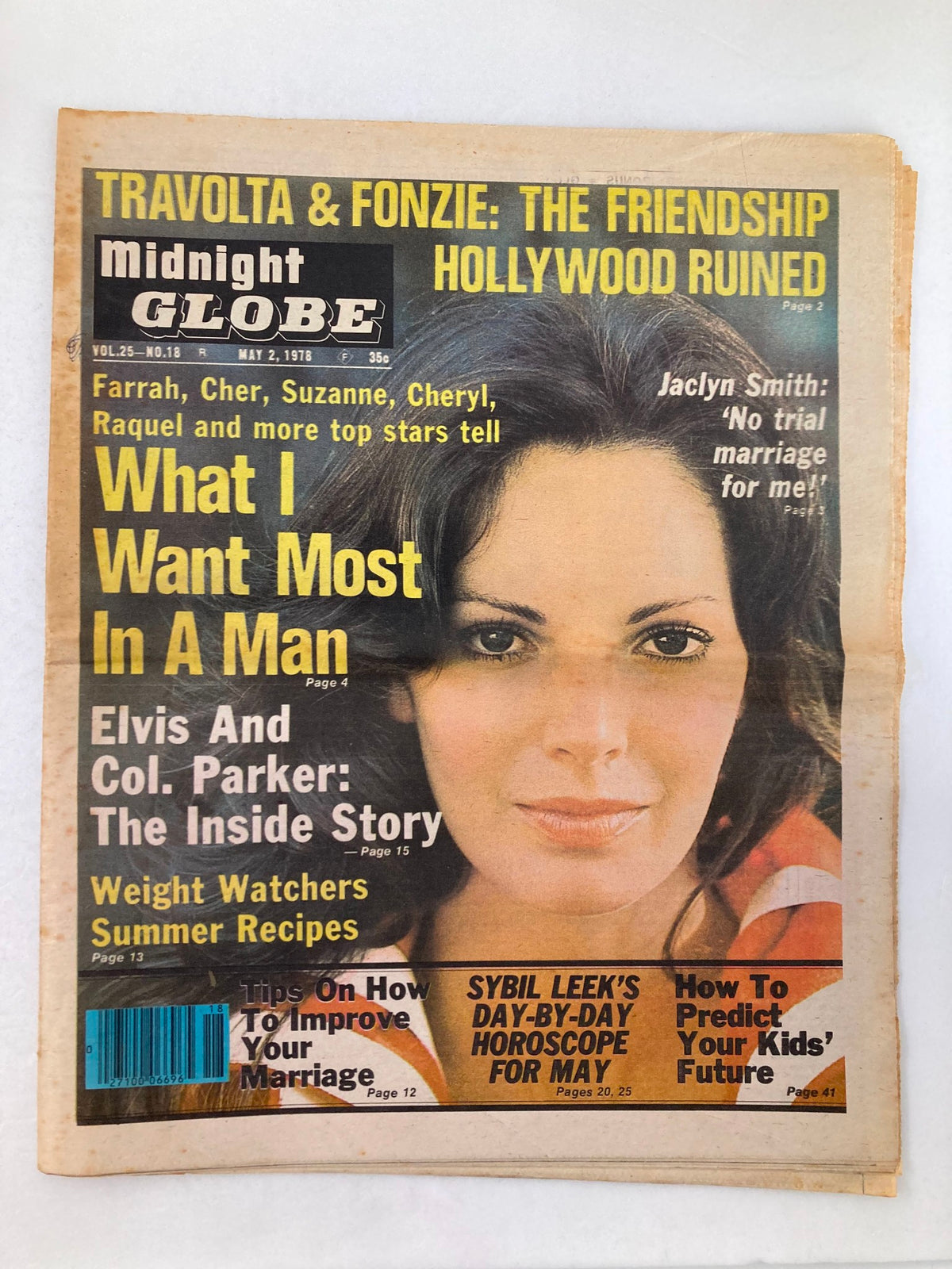 Midnight Globe Tabloid May 2 1978 Vol 25 #18 featuring Jaclyn Smith, Cher, and Farah Fawcett on the cover, with a close-up image of a woman looking directly at the camera, highlighting the tabloid's celebrity gossip and stories.