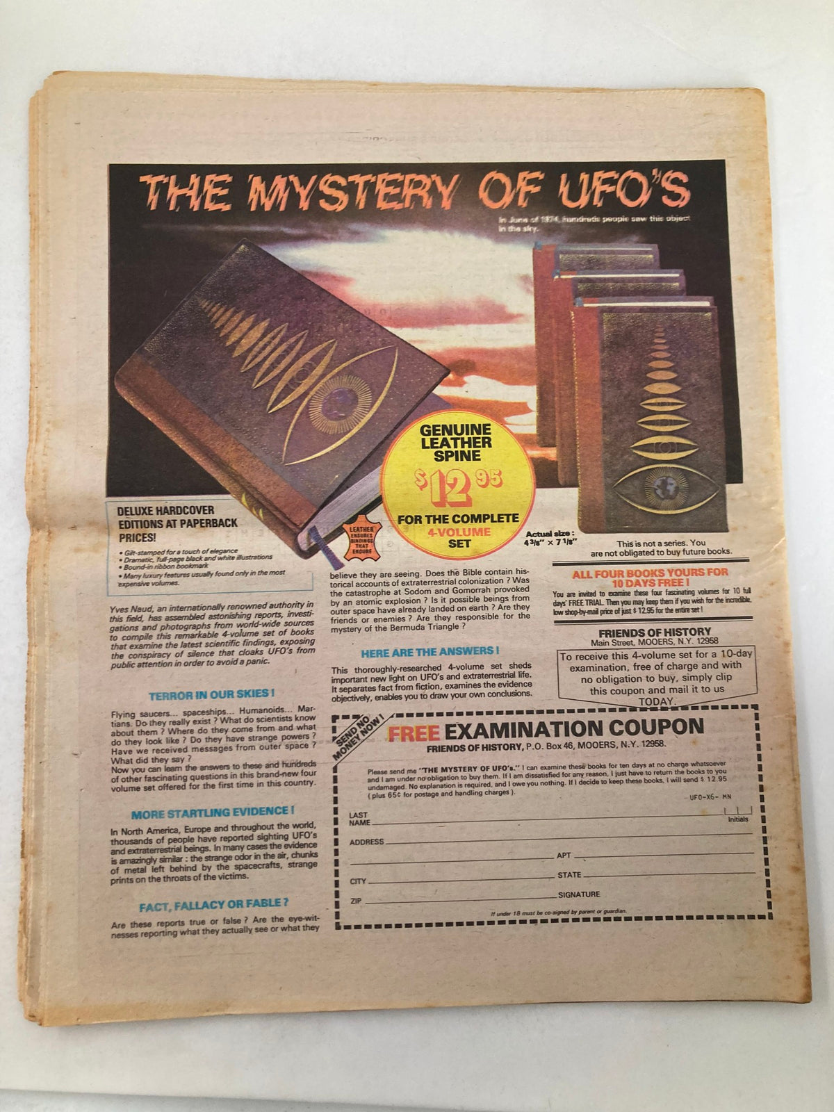 Midnight Globe Tabloid May 2 1978 Vol 25 #18 back cover advertisement for the book 'The Mystery of UFO's', showcasing a deluxe hardcover edition with an eye-catching design and promotional pricing details.