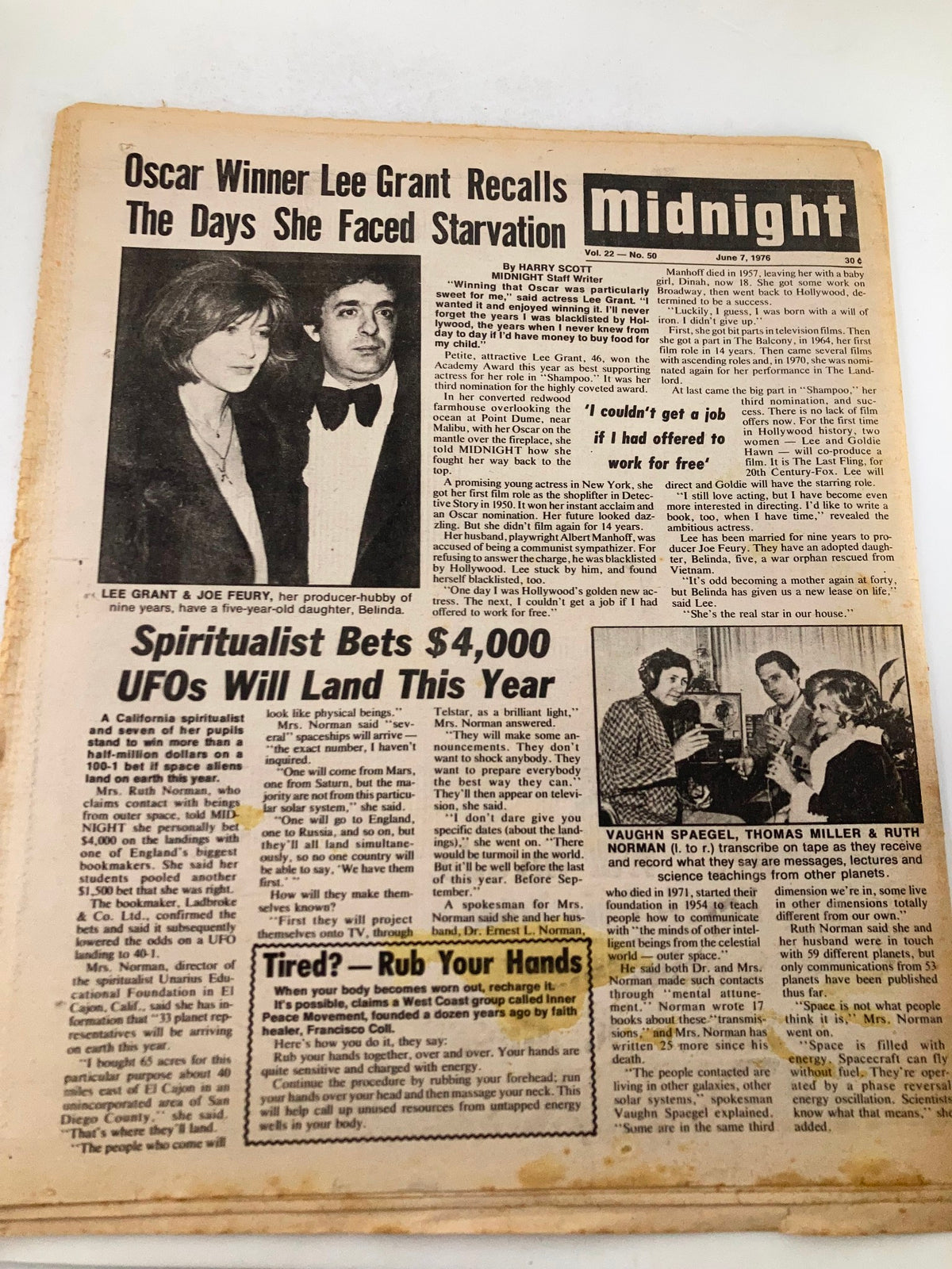 Inside page of Midnight Tabloid June 7 1976 Vol 22 #50 showcasing Oscar winner Lee Grant with Joe Feury, featuring articles about UFOs and personal stories.