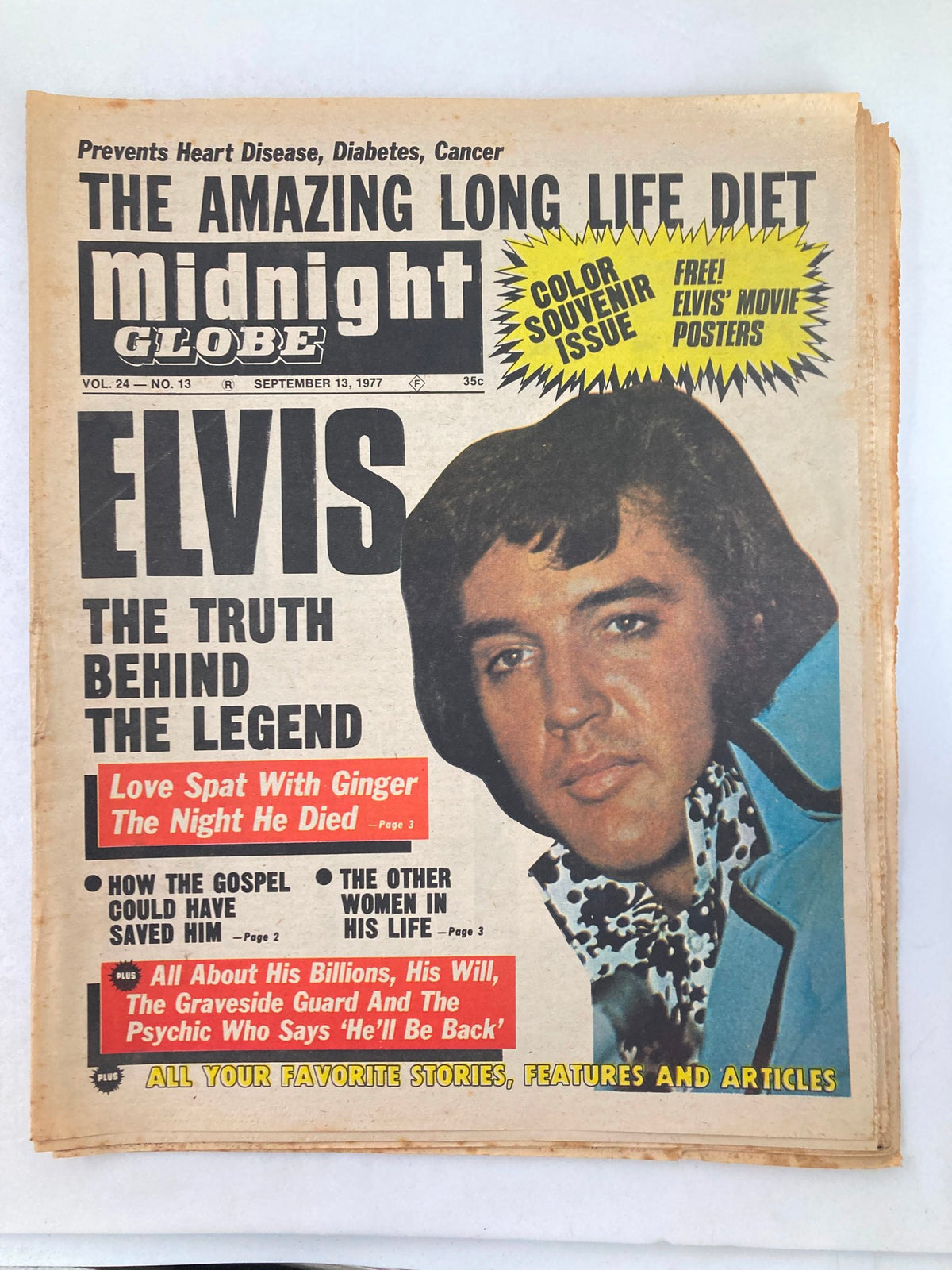 Midnight Globe Tabloid September 13 1977 Vol 24 #13 cover featuring Elvis Presley with headline 'Elvis The Truth Behind The Legend'. Includes details about the color souvenir issue offering free movie posters.