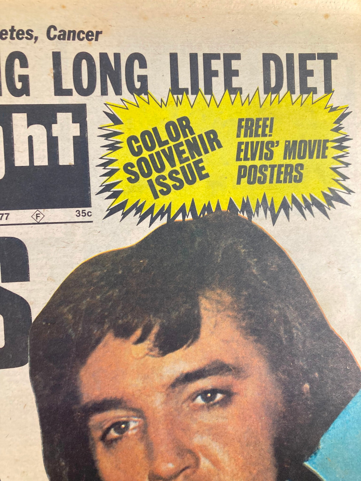 Close-up of Midnight Globe Tabloid September 13 1977 Vol 24 #13 highlighting the color souvenir issue with free Elvis movie posters.