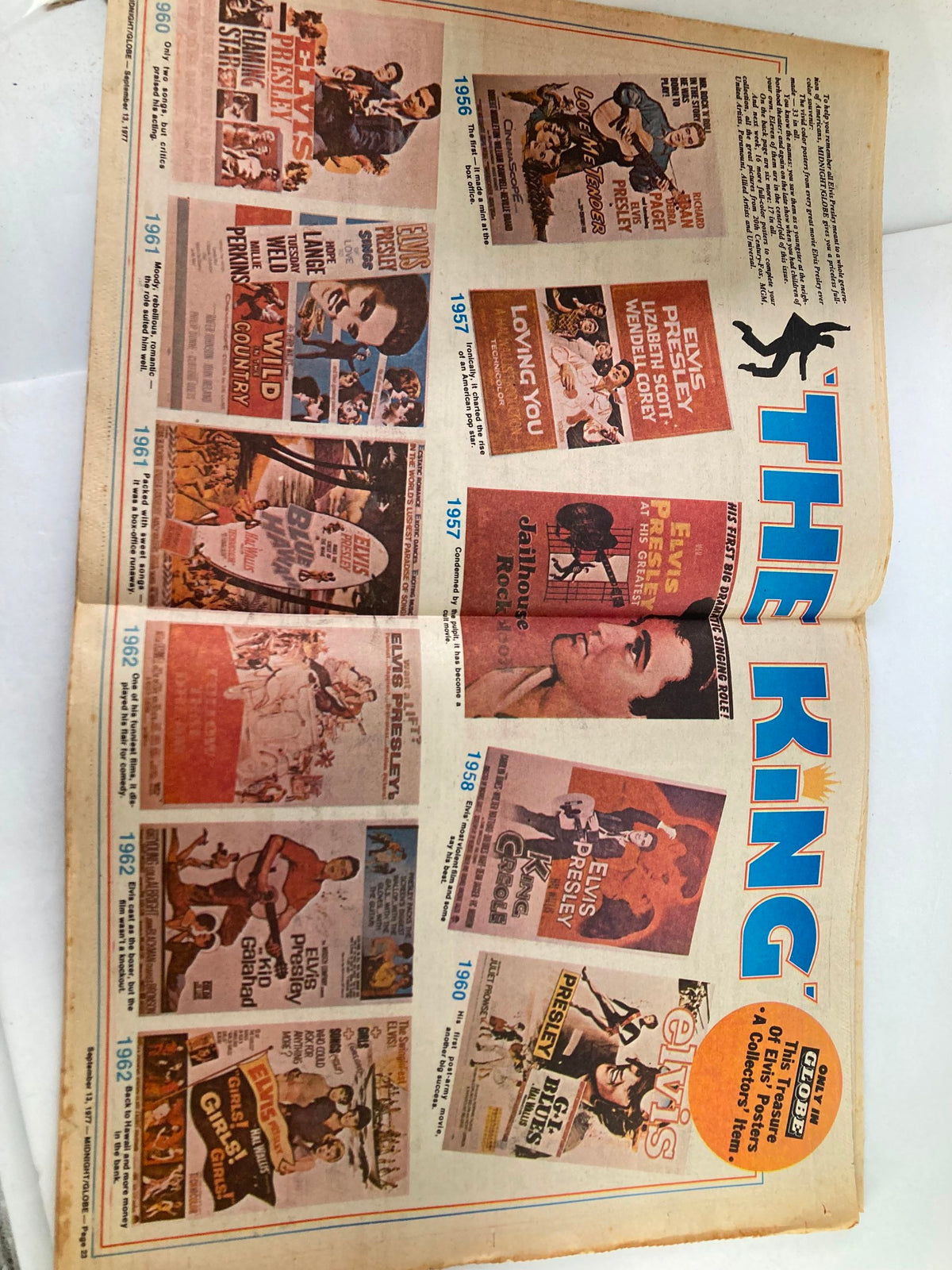 Inside spread of Midnight Globe Tabloid September 13 1977 Vol 24 #13 showcasing various movie posters featuring Elvis Presley from 1956 to 1968.