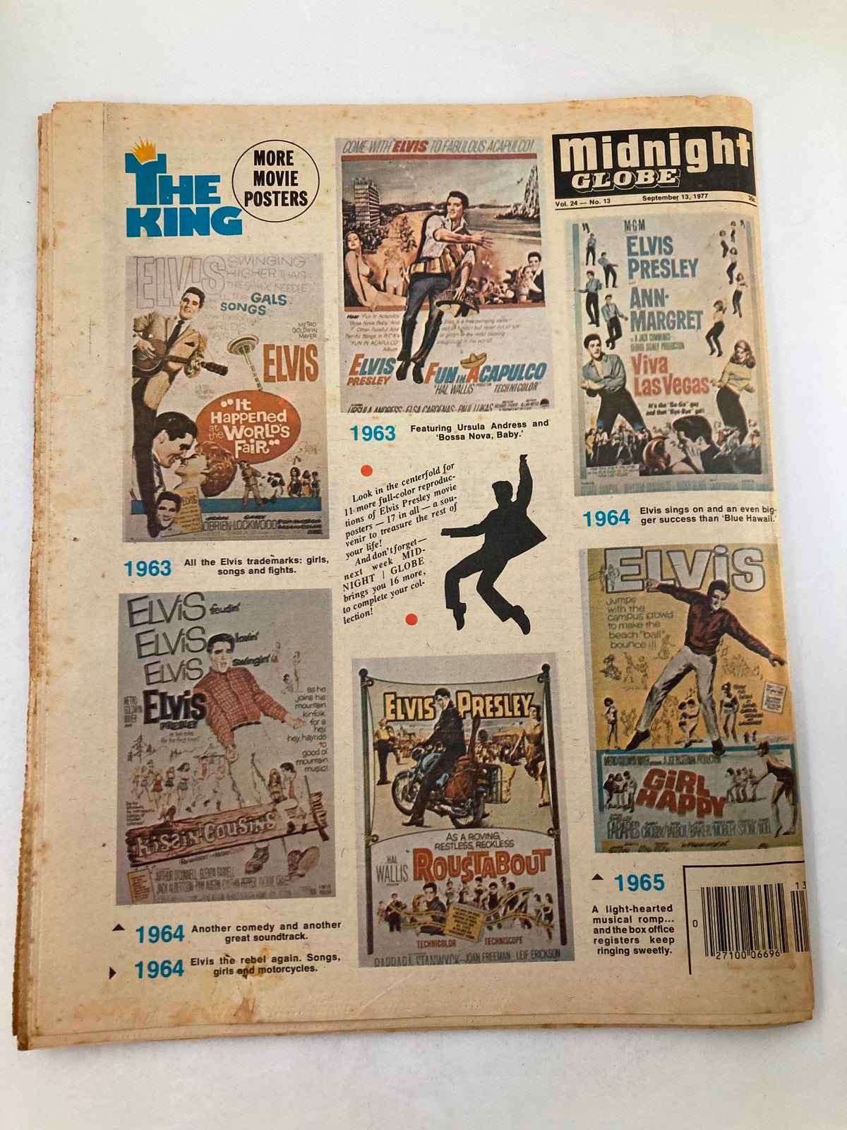 Back cover of Midnight Globe Tabloid September 13 1977 Vol 24 #13 displaying more Elvis Presley movie posters from the 1960s.