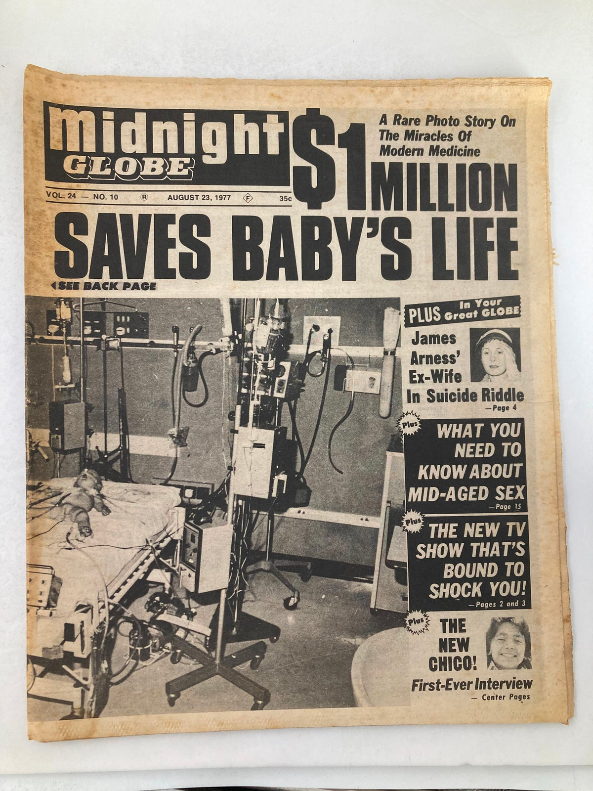 Cover of Midnight Globe Tabloid, August 23, 1977, Vol 24 #10, featuring headlines about James Arness' ex-wife and a medical miracle saving a baby's life.