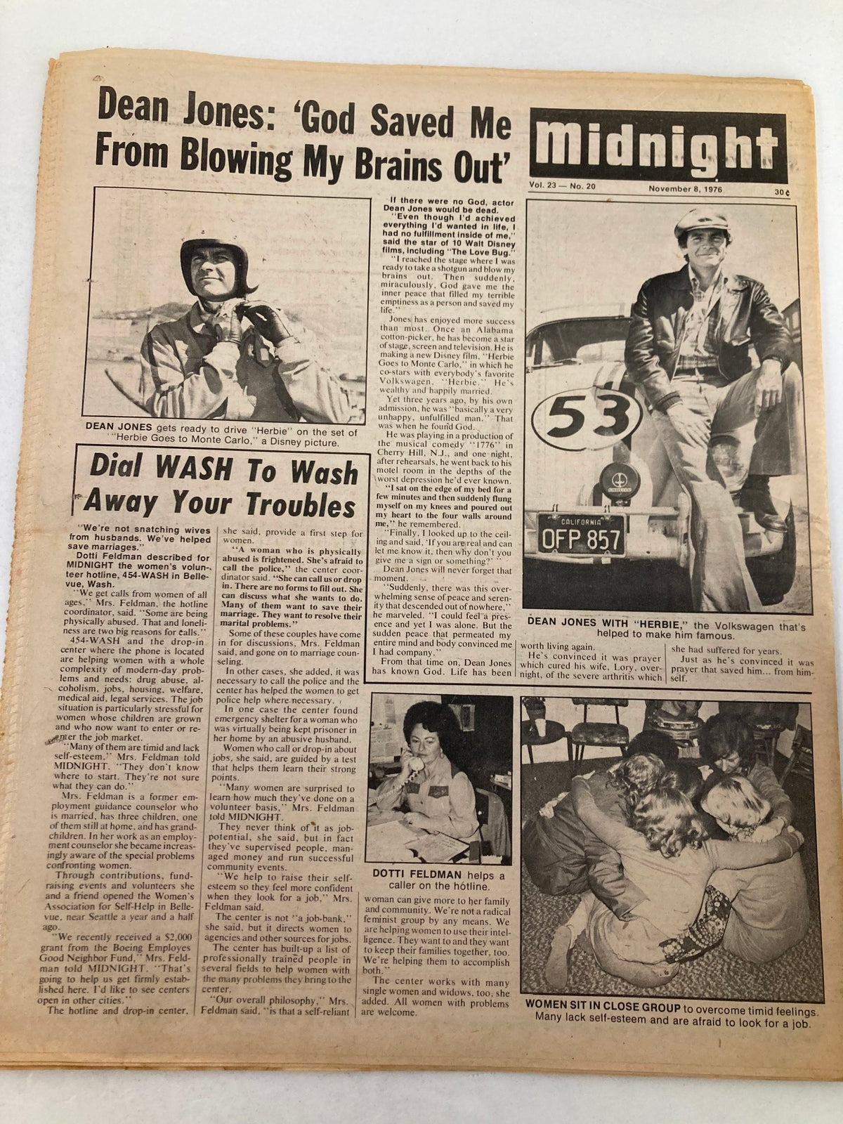 Midnight Tabloid November 8, 1976, Vol 23 #20, showcasing Dean Jones on the cover with a story about overcoming struggles, capturing the essence of 1970s pop culture.