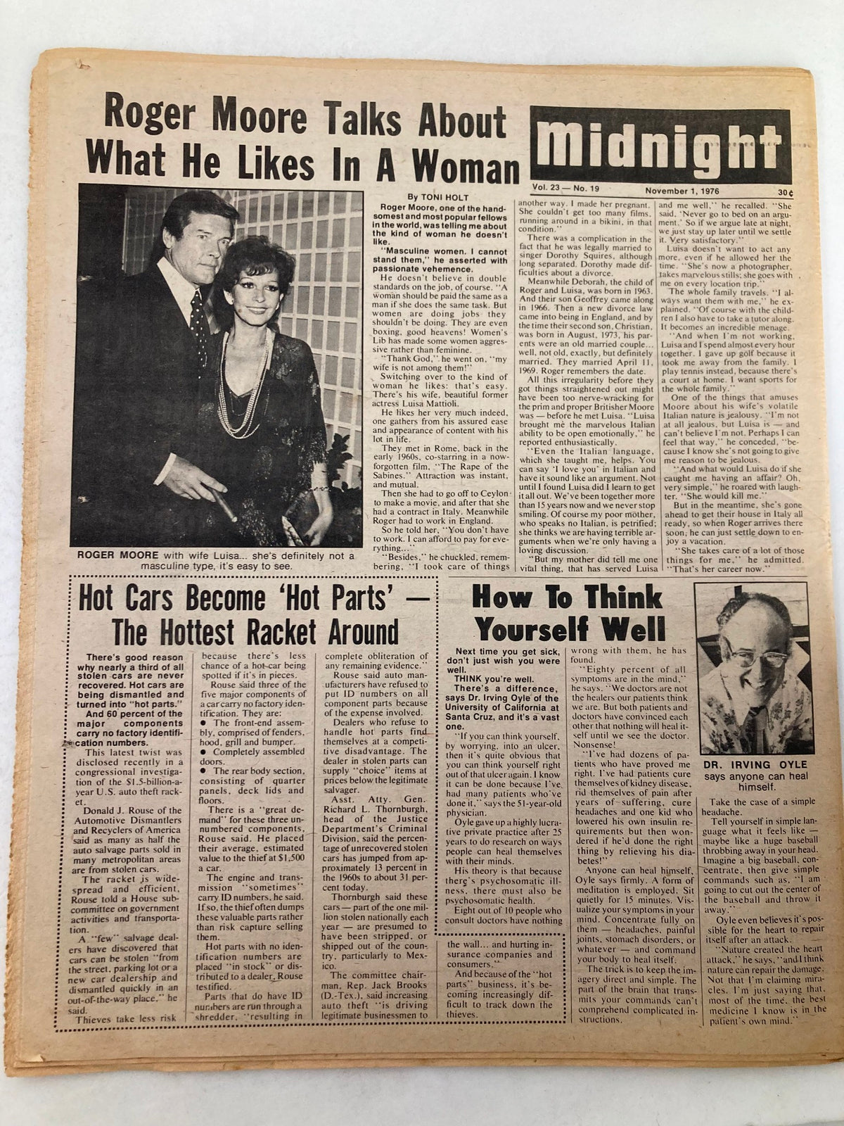 Interior page of Midnight Tabloid November 1 1976 Vol 23 #19 with Roger Moore discussing his preferences in women and various entertainment topics.