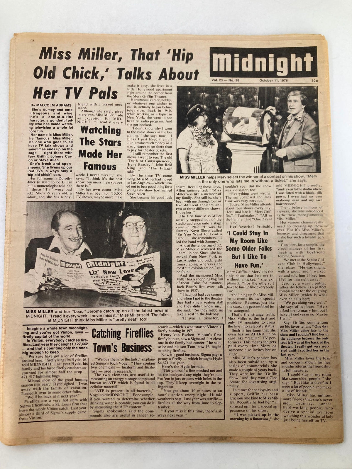 Midnight Tabloid October 11 1976 Vol 23 #16 featuring an article about Miss Miller, along with images and text discussing her TV career, printed on vintage newspaper format.