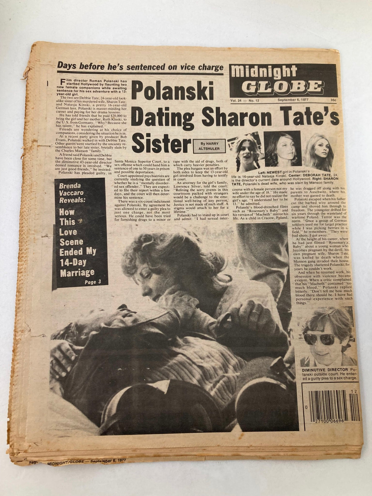 Midnight Globe tabloid, September 6, 1977, Vol 24 #12 covering Polanski dating Sharon Tate's sister, alongside Elvis Presley's last words.