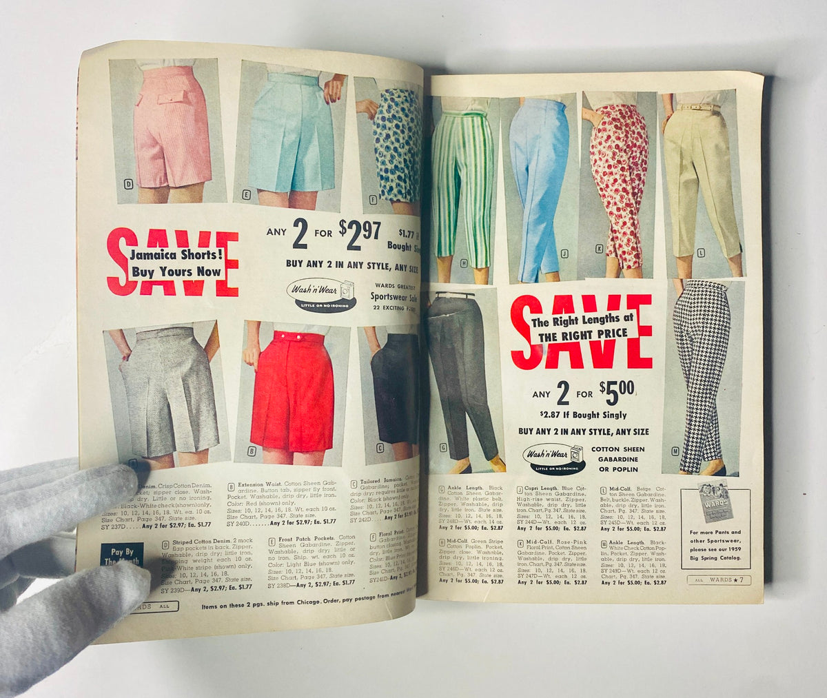 Interior page from the 1959 Wards Summer Catalog displaying a variety of summer shorts, emphasizing savings and variety of styles available.