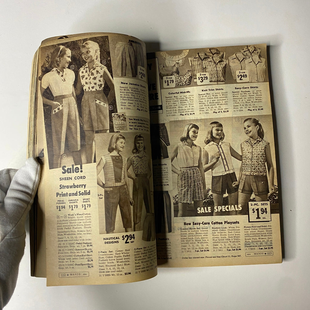 Children's apparel page from the 1959 Wards Summer Catalog showcasing summer playsets and clothing for girls. Features styles with prices ranging from $1.94 to $3.29.