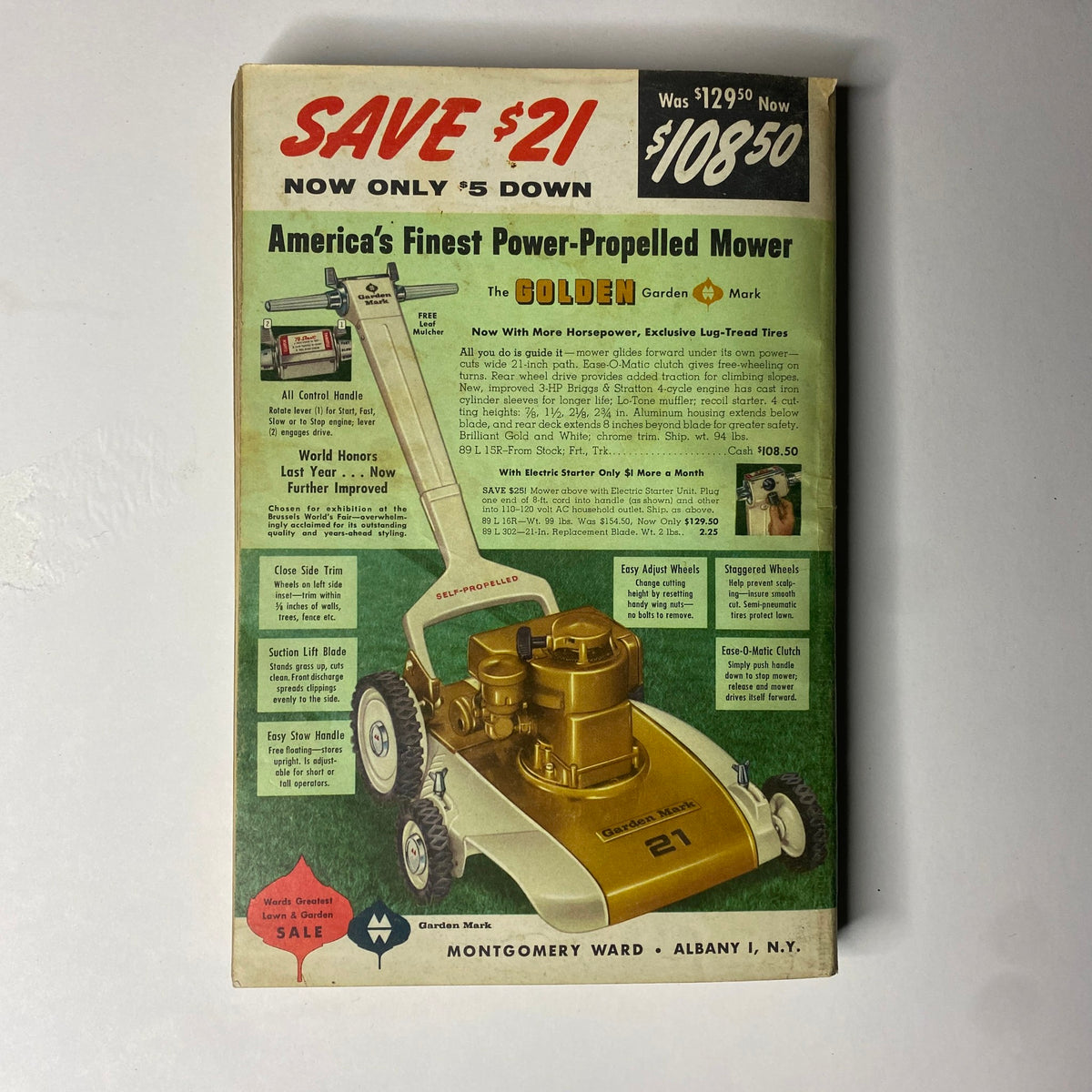 Cover of the 1959 Wards Summer Catalog advertising a power-propelled lawn mower, highlighting the price savings and features of the Garden Mark model.