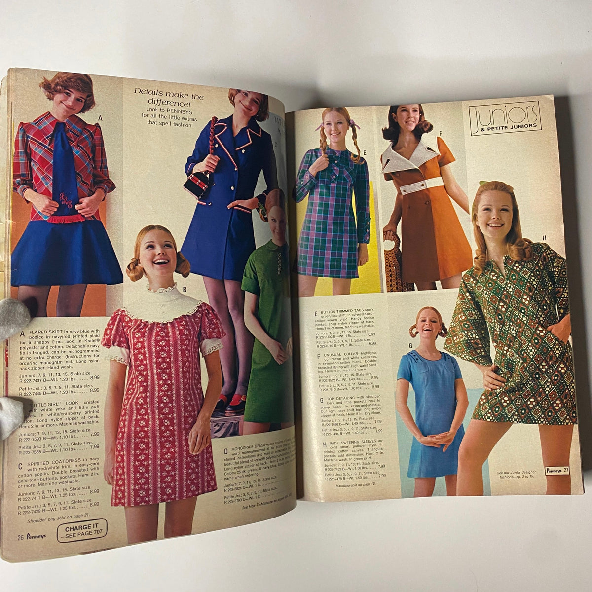 Inside pages of the 1970 JC Penneys Fall and Winter Store Catalog displaying various junior's dresses and fashion options.