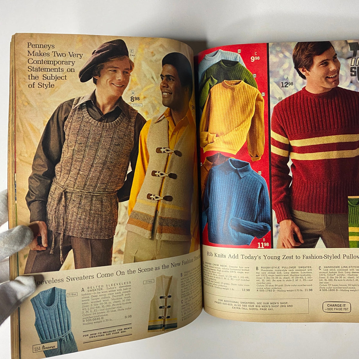 1970 JC Penneys Fall and Winter Store Catalog showcasing contemporary men's fashion sweaters, featuring various styles and colors modeled by young men.
