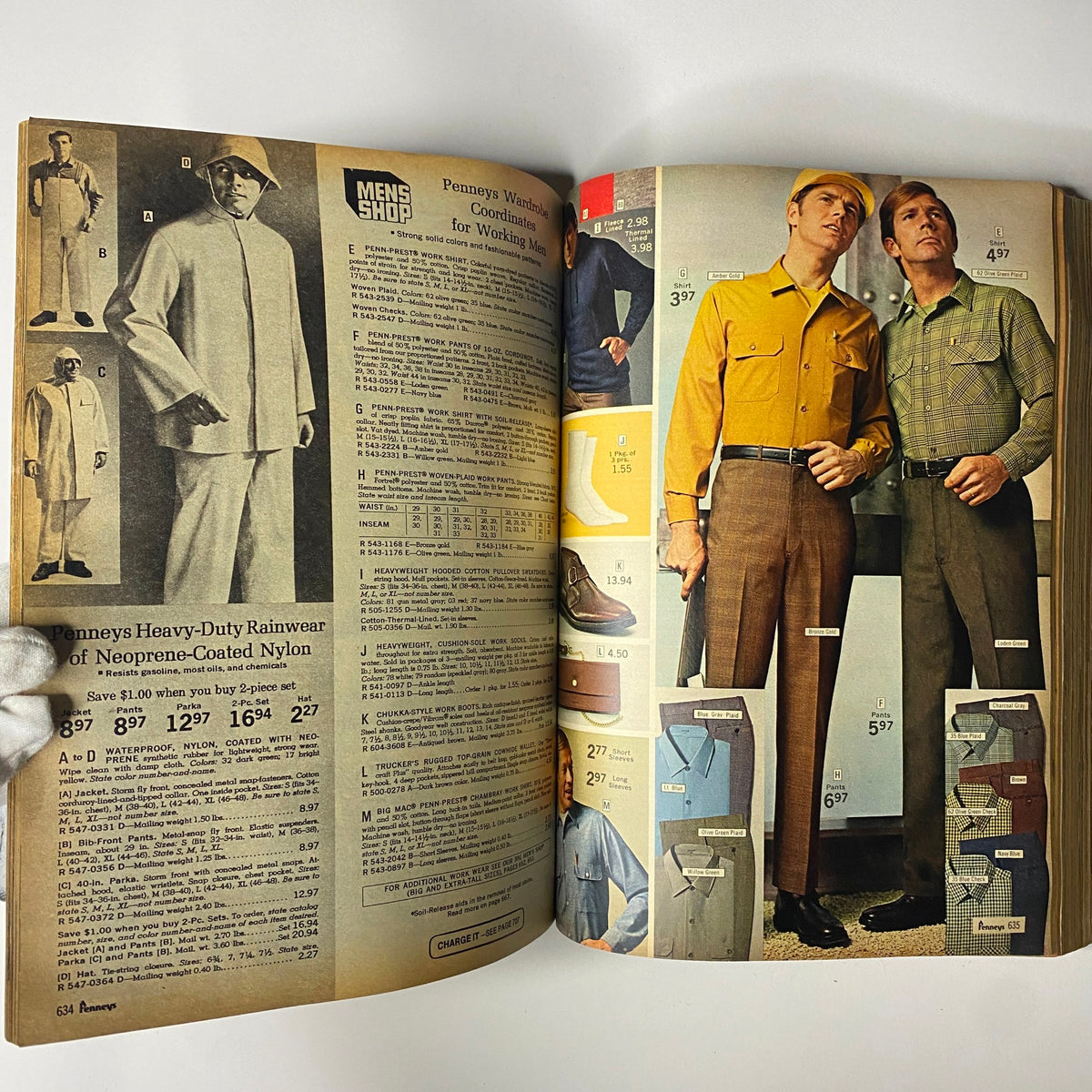 1970 JC Penneys Fall and Winter Store Catalog displaying men's formal wear and rainwear, highlighting practical and stylish options for working men.