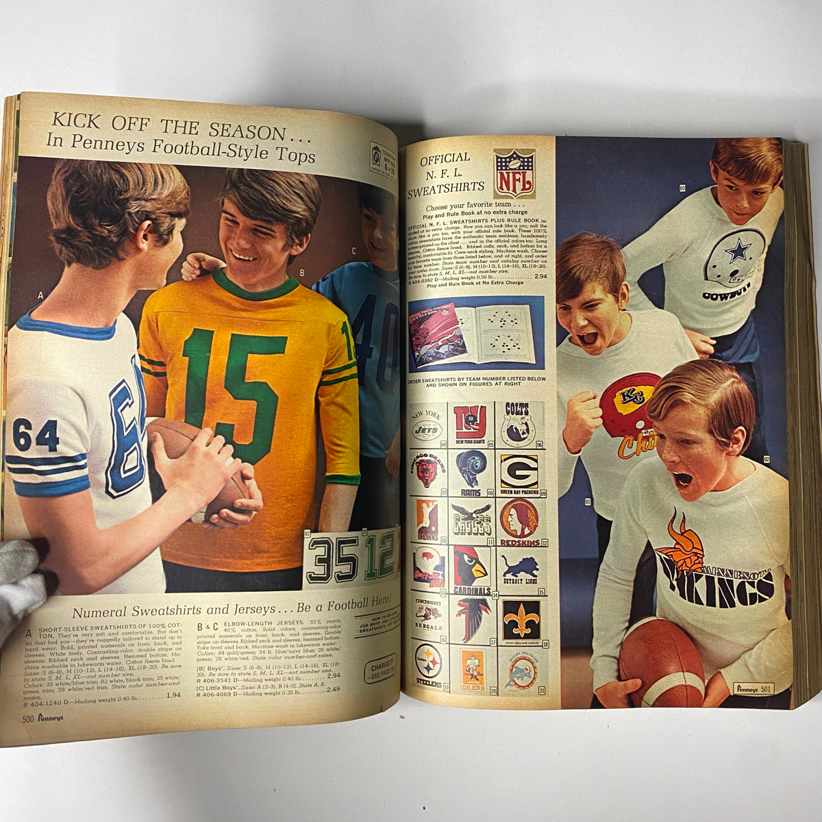 1970 JC Penneys Fall and Winter Store Catalog showing kids wearing football-style tops with various team designs, showcasing NFL merchandise and fashion trends from the era.