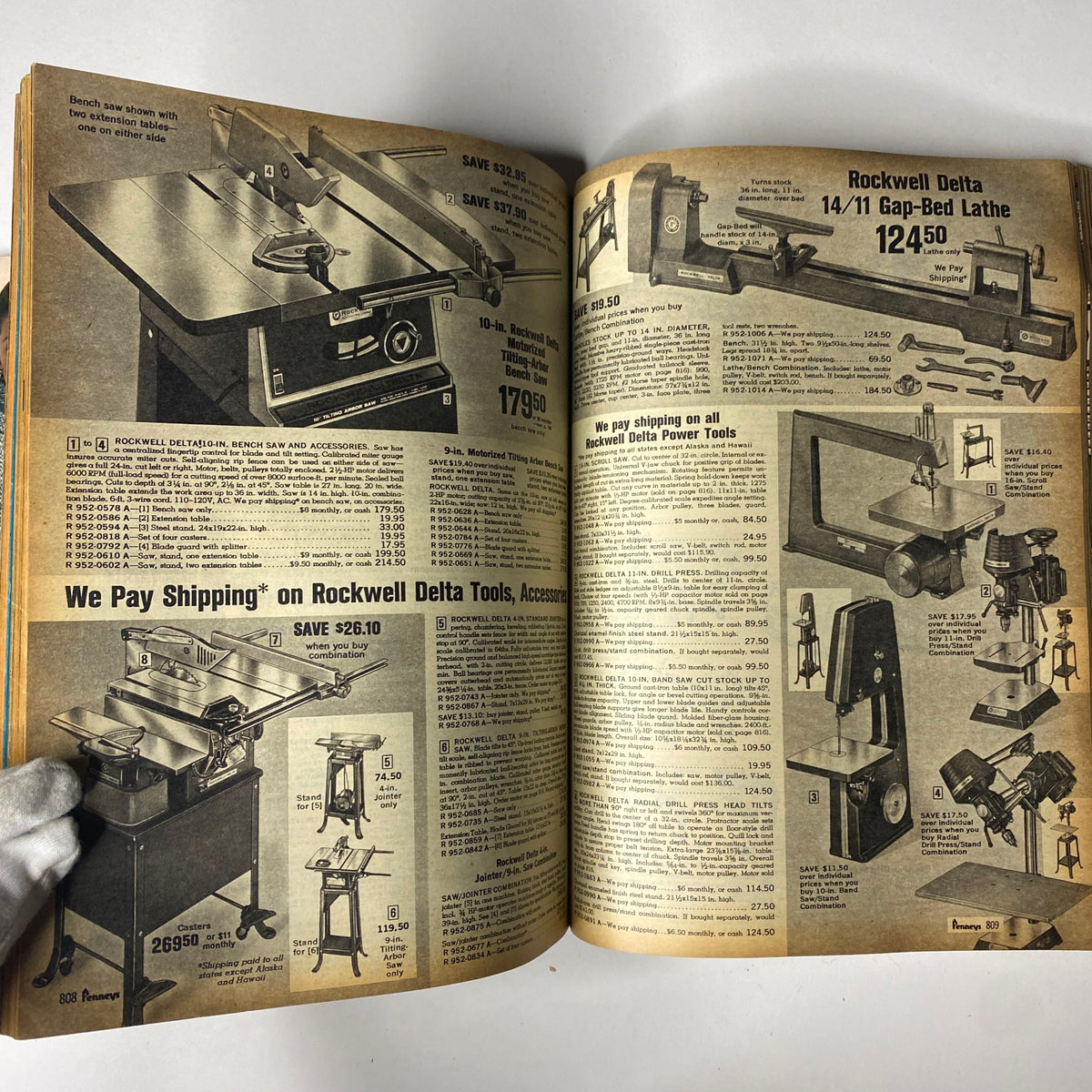 1970 JC Penneys Fall and Winter Store Catalog featuring Rockwell Delta tools including bench saws and lathes, highlighting home improvement products and DIY essentials.