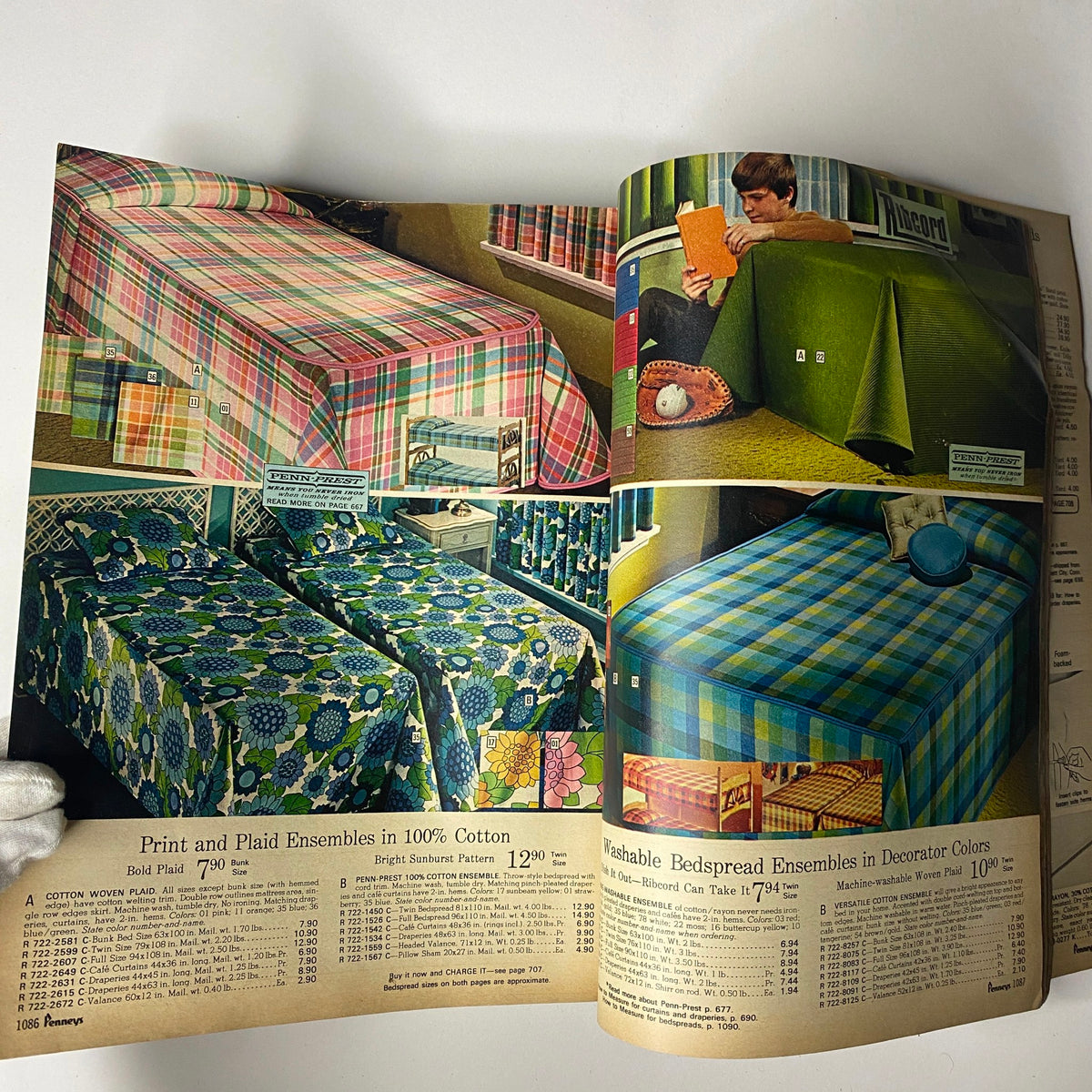1970 JC Penneys Fall and Winter Store Catalog showcasing plaid and floral quilt ensembles, emphasizing vintage bedding options in vibrant colors from the era.