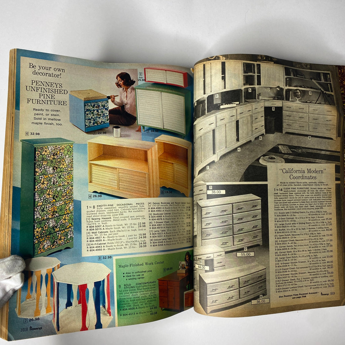Page from the 1970 JC Penneys Fall and Winter Store Catalog featuring unfinished pine furniture options with prices, illustrations, and a woman painting a chest of drawers.