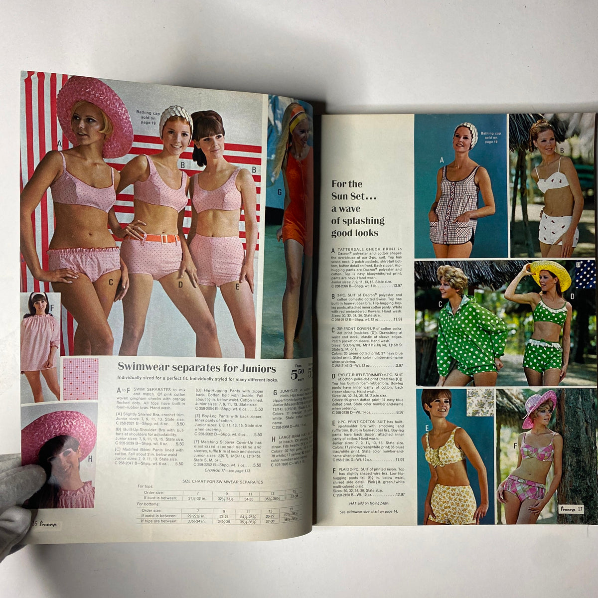 Swimwear section from the 1968 JC Penneys Summer Store Catalog featuring vintage swimsuits and accessories for junior girls, reflecting 1960s beach fashion.
