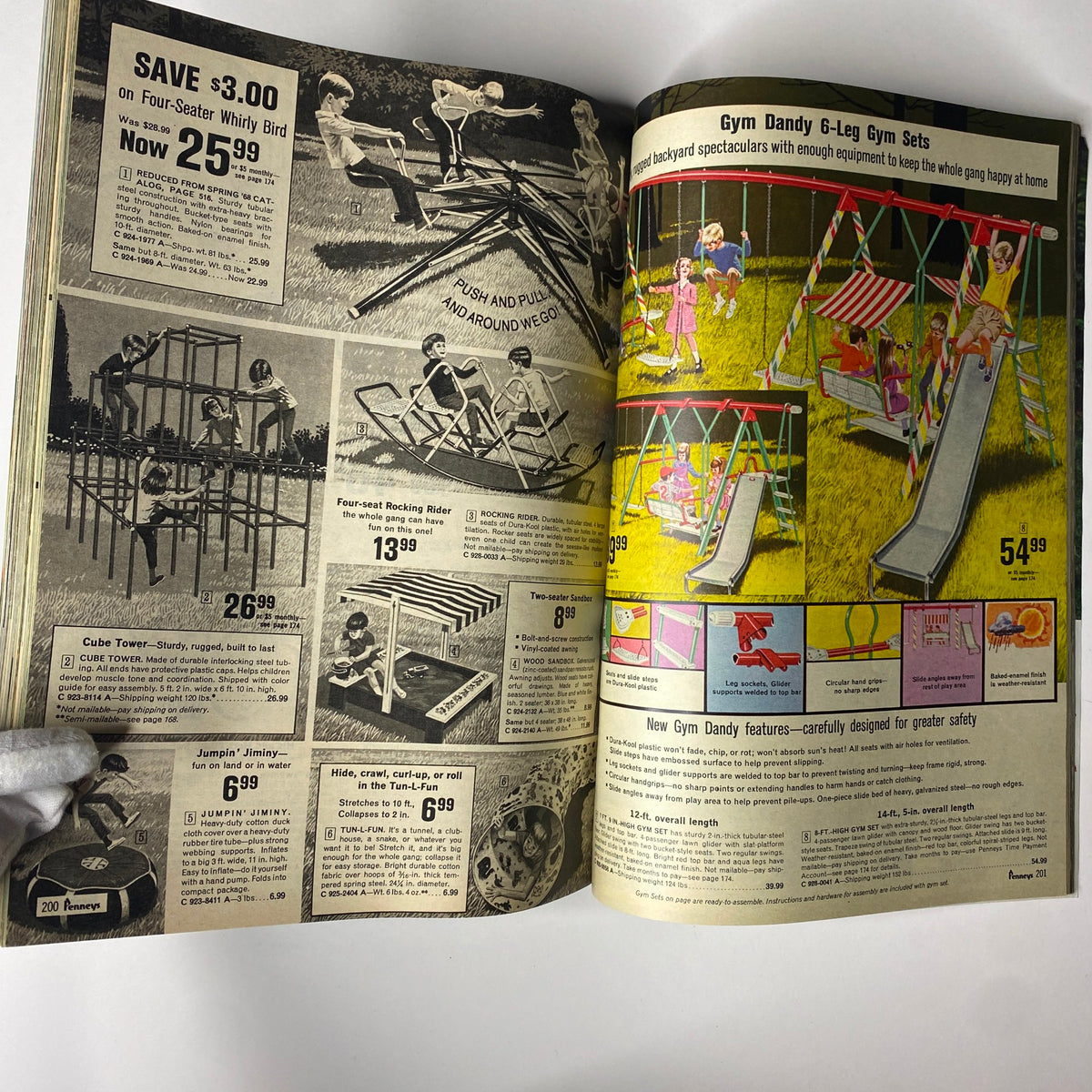 1968 JC Penneys Summer Store Catalog illustrating children's gym sets and outdoor play equipment with pricing information.