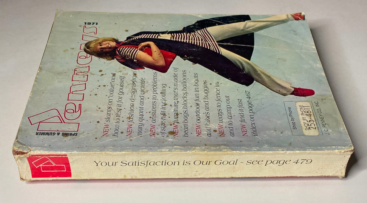 Side view of the 1971 JC Penneys Spring and Summer Catalog displaying the spine and additional text from the cover, emphasizing retro fashion and home goods, ideal for mid-century retail history collectors.