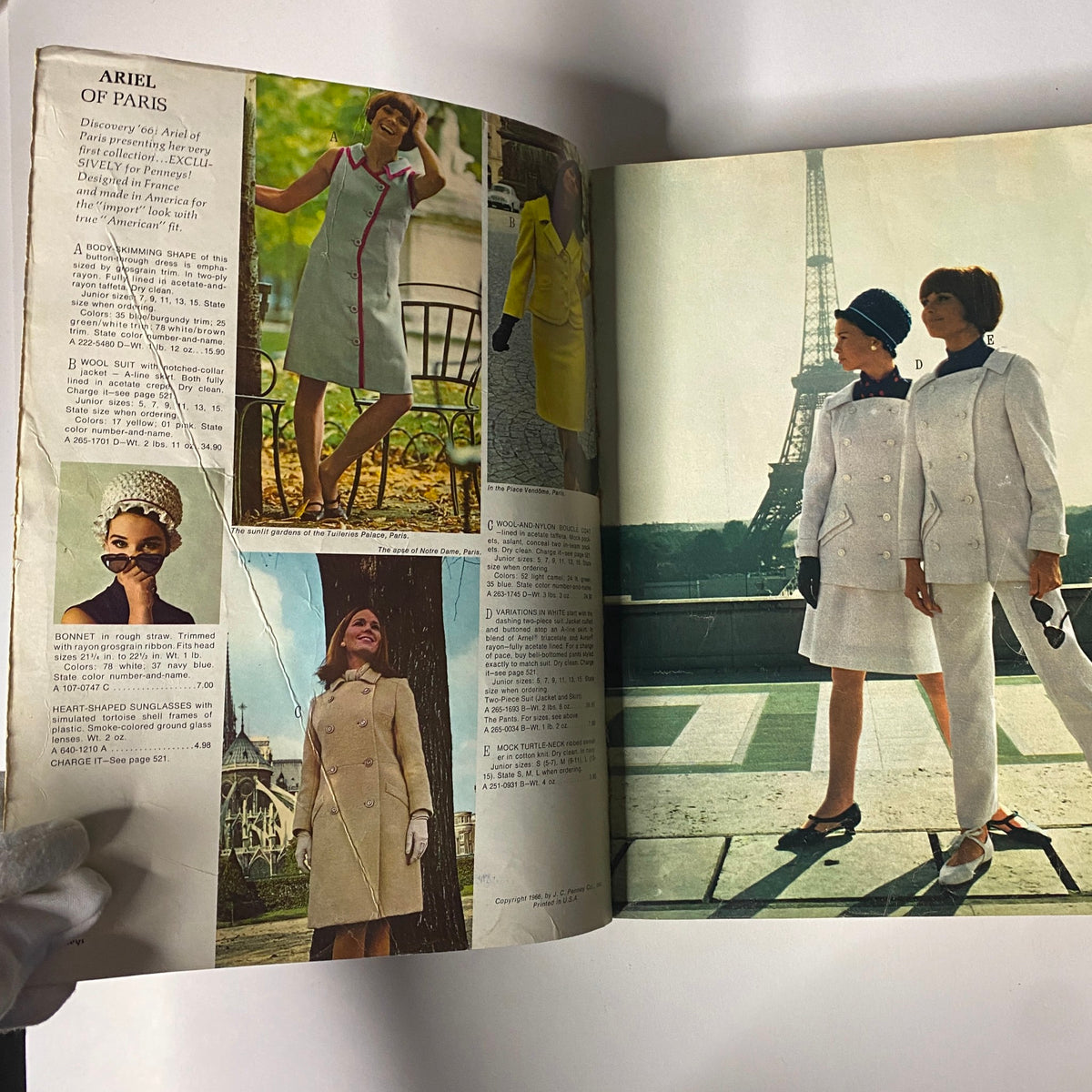 Interior page of the 1966 JC Penneys Spring and Summer Store Catalog featuring women in fashionable attire near the Eiffel Tower, capturing 1960s fashion trends.