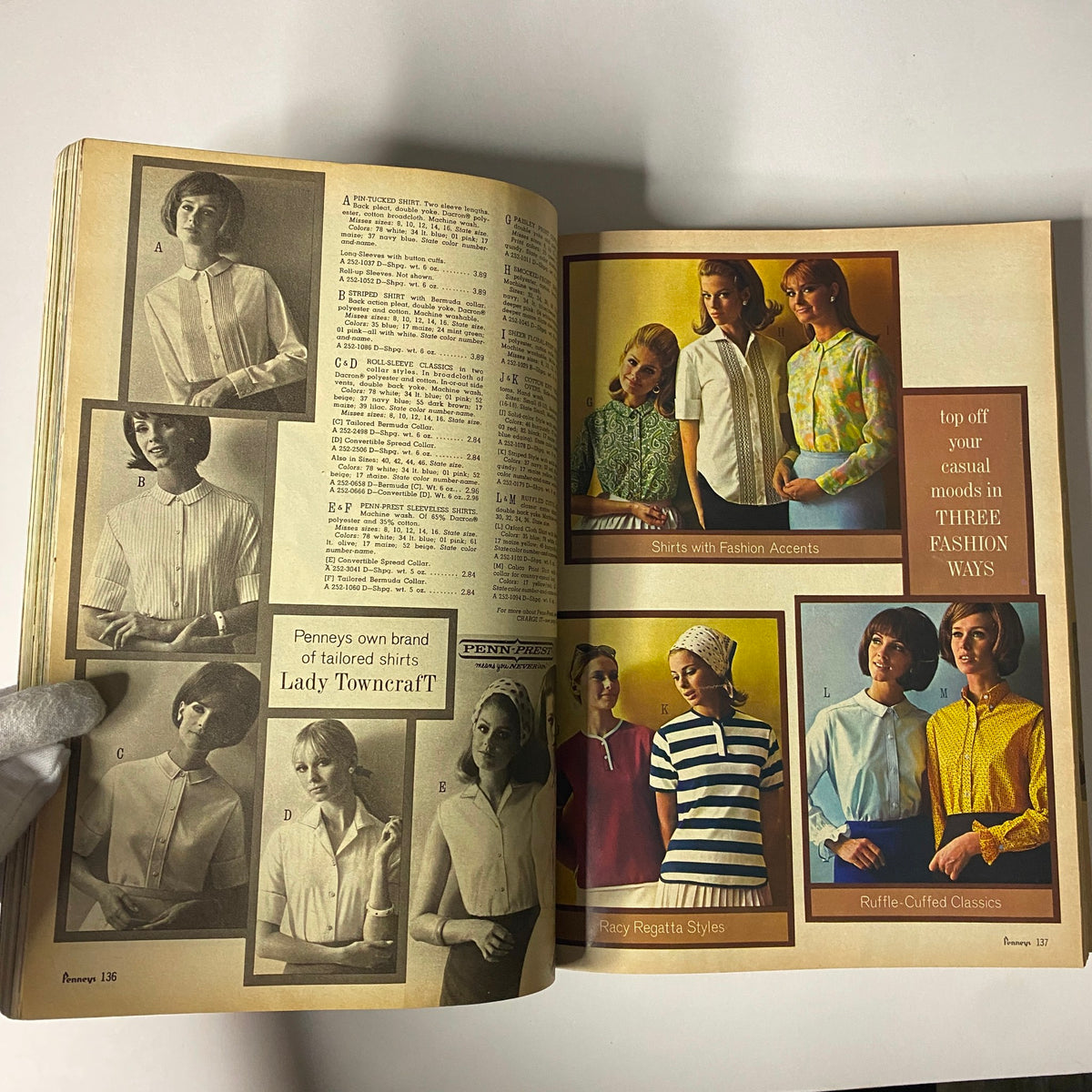 Fashion shirts segment in the 1966 JC Penneys Spring and Summer Store Catalog, showcasing tailored styles from the Lady Towncraft collection.