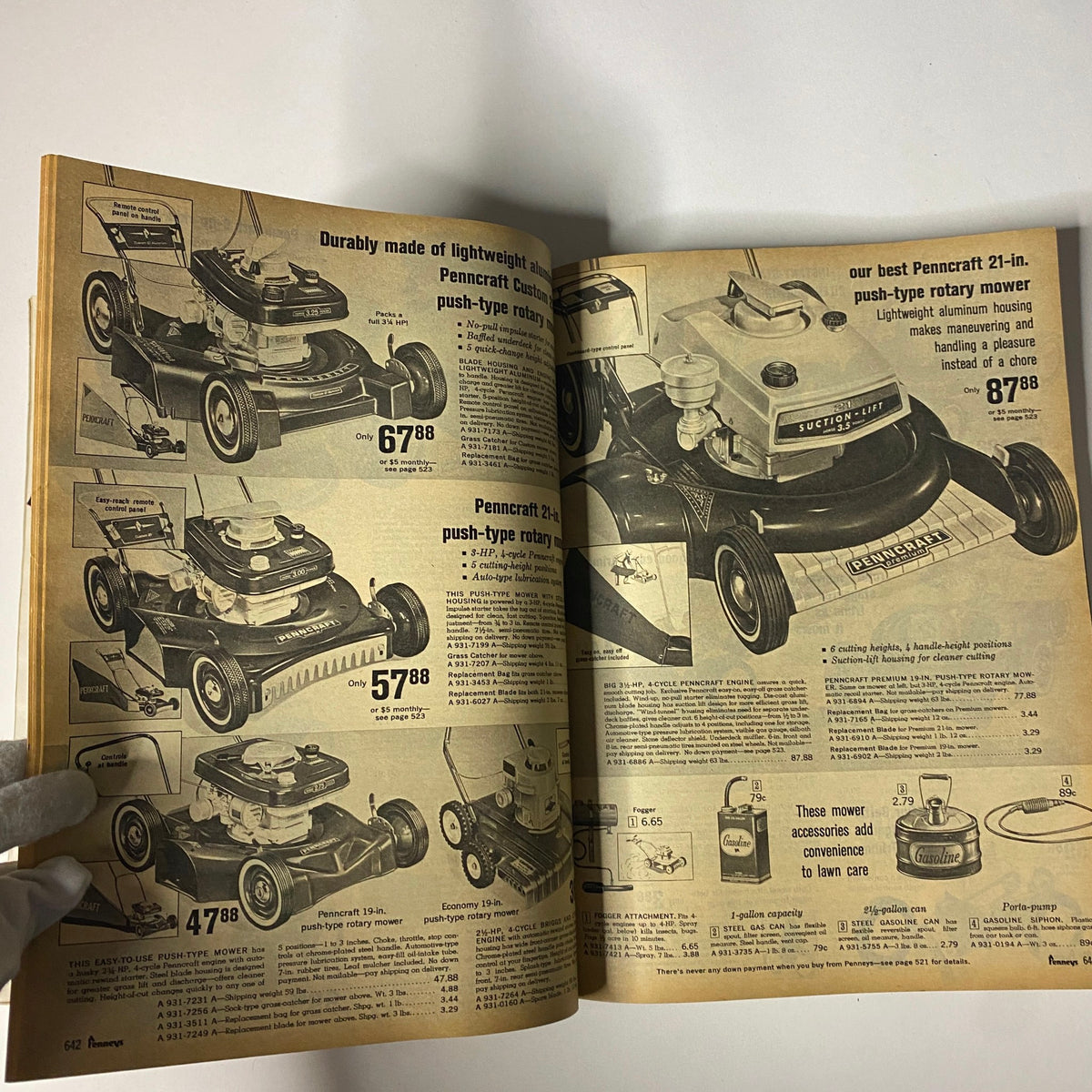 1966 JC Penneys Spring and Summer Store Catalog showcasing various push-type rotary lawn mowers with prices and features listed.