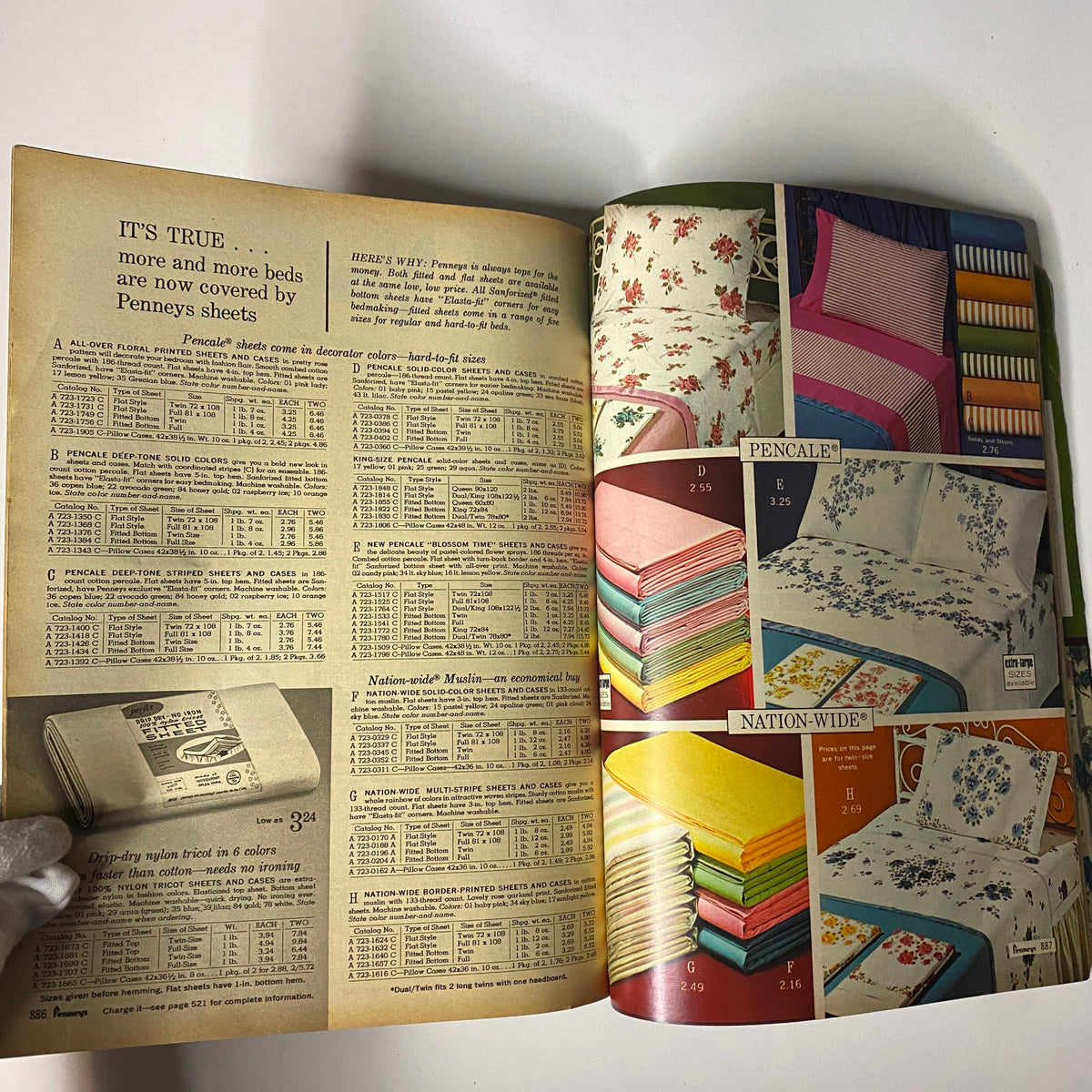 1966 JC Penneys Spring and Summer Store Catalog featuring a variety of bed sheets in different colors and patterns, emphasizing Penneys' bedding options.