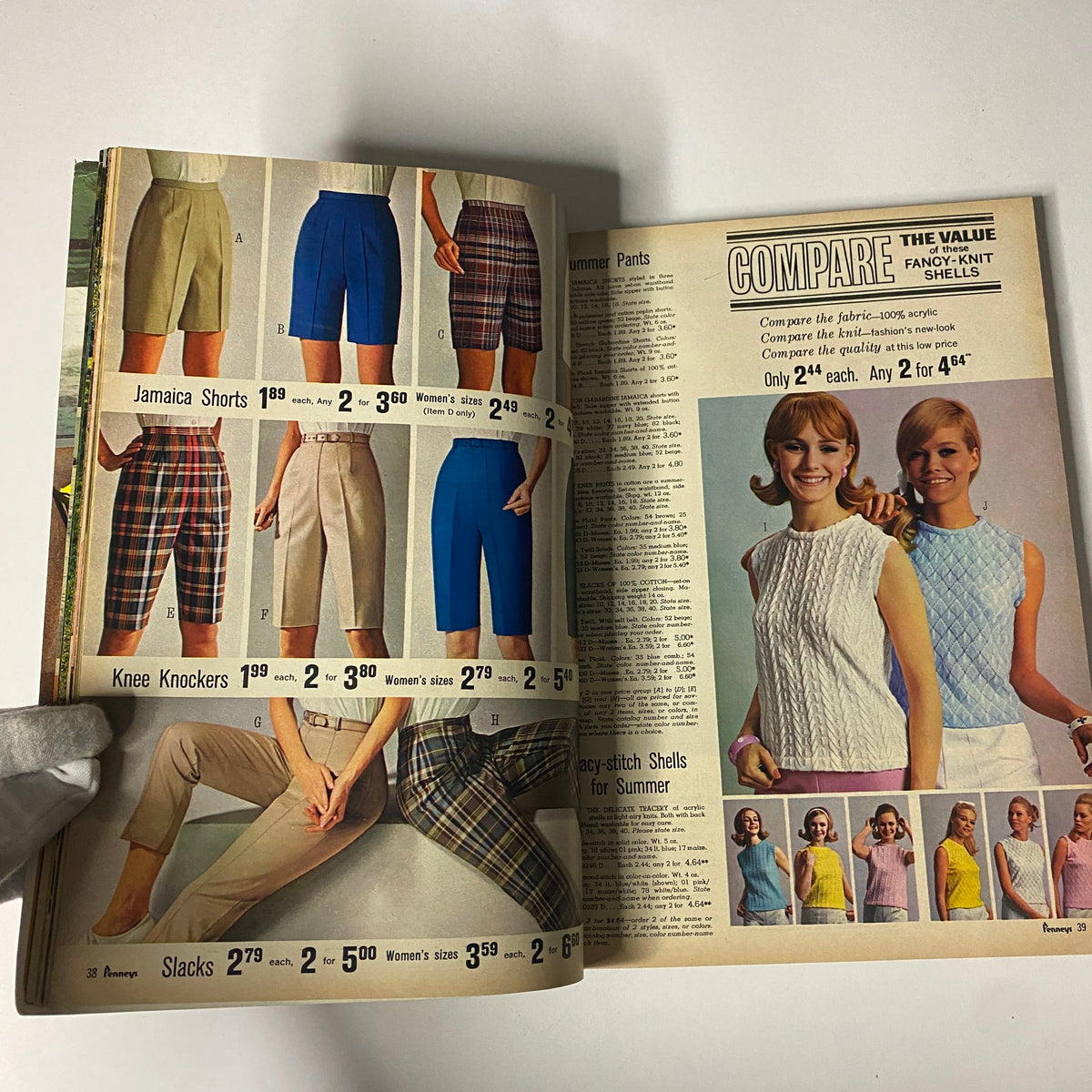 Page from the 1966 JC Penneys Summer Store Catalog showcasing summer pants including Jamaica Shorts and Knee Knockers, highlighting various styles and prices.