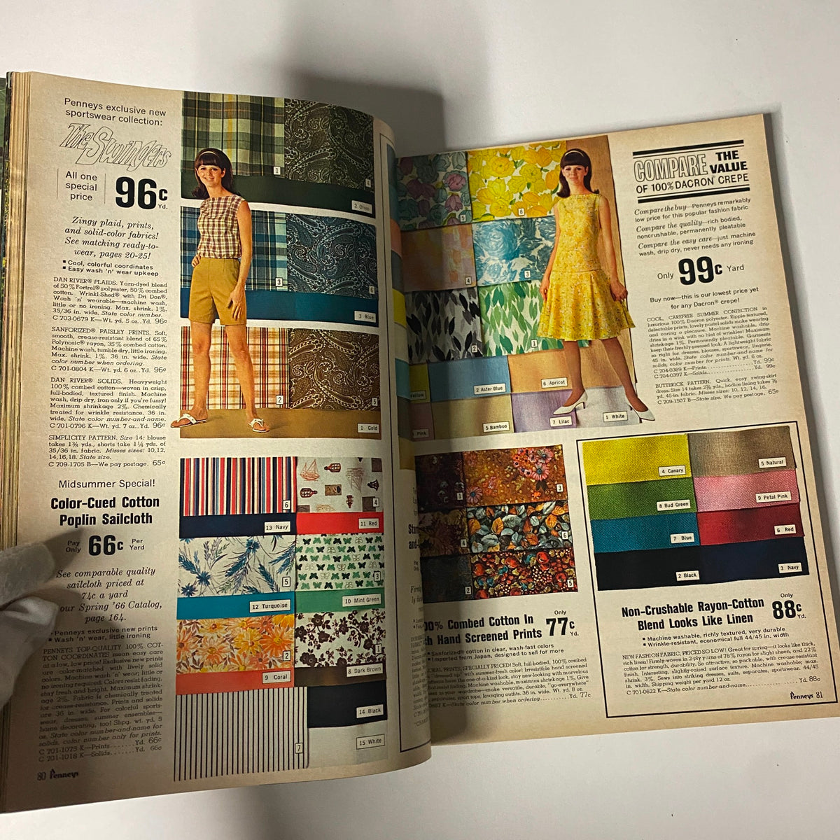 A vibrant page from the 1966 JC Penneys Summer Store Catalog featuring women's sportswear and colorful fabric options along with pricing details.