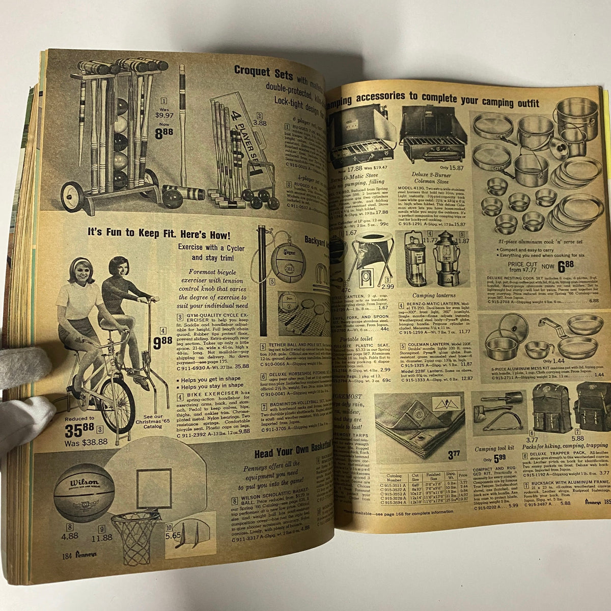 Informative page from the 1966 JC Penneys Summer Store Catalog focusing on fitness equipment and camping accessories with pricing listed.