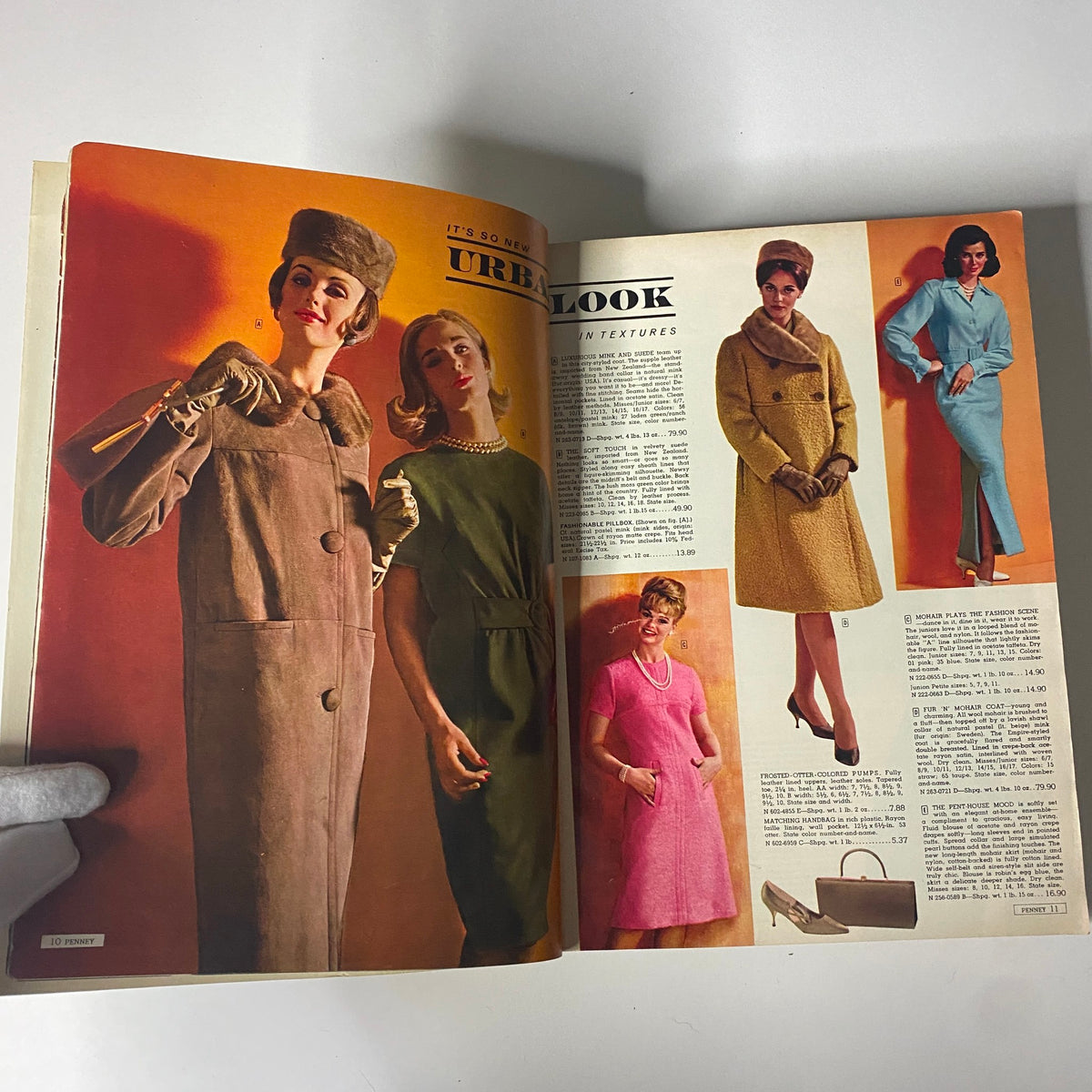An elegant page from the 1963 JC Penneys Fall and Winter Store Catalog showcasing various textures and styles in women's fashion, identified as the 'Urban Look'.