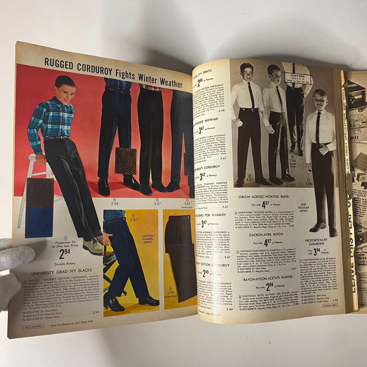 1963 JC Penneys Fall and Winter Store Catalog displaying boys' rugged corduroy pants, capturing the casual fashion of the 1960s.