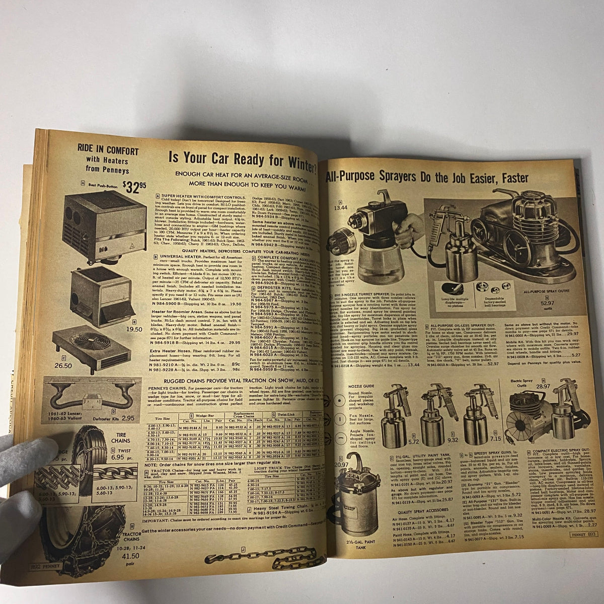 1963 JC Penneys Fall and Winter Catalog displaying winter heating solutions and spray tools, providing a glimpse into mid-century domestic products and their prices.