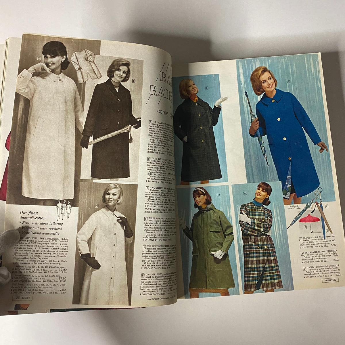 1964 JC Penneys Fall and Winter Store Catalog featuring a variety of raincoat styles modeled by women, illustrating classic fashion from the 1960s.