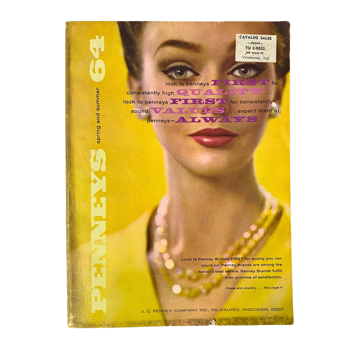 Cover of the 1964 JC Penneys Spring and Summer Catalog featuring a model with vibrant makeup and accessories on a yellow background.
