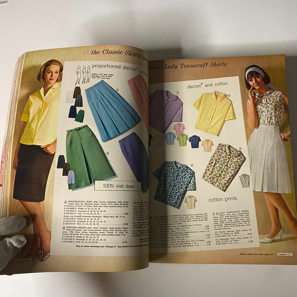 1964 JC Penneys Spring and Summer Store Catalog displaying classic skirts and towncraft shirts in various colors with a model showcasing summer fashion.
