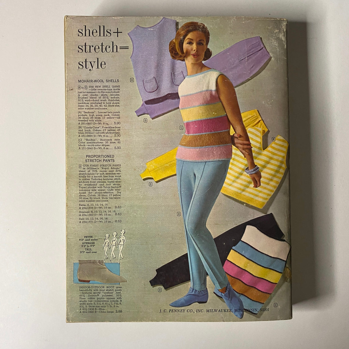 1964 JC Penneys Spring and Summer Store Catalog cover featuring a woman dressed in colorful vintage fashion, showcasing stylish mohair-wool shells and stretch pants amidst a backdrop of vibrant clothing options.
