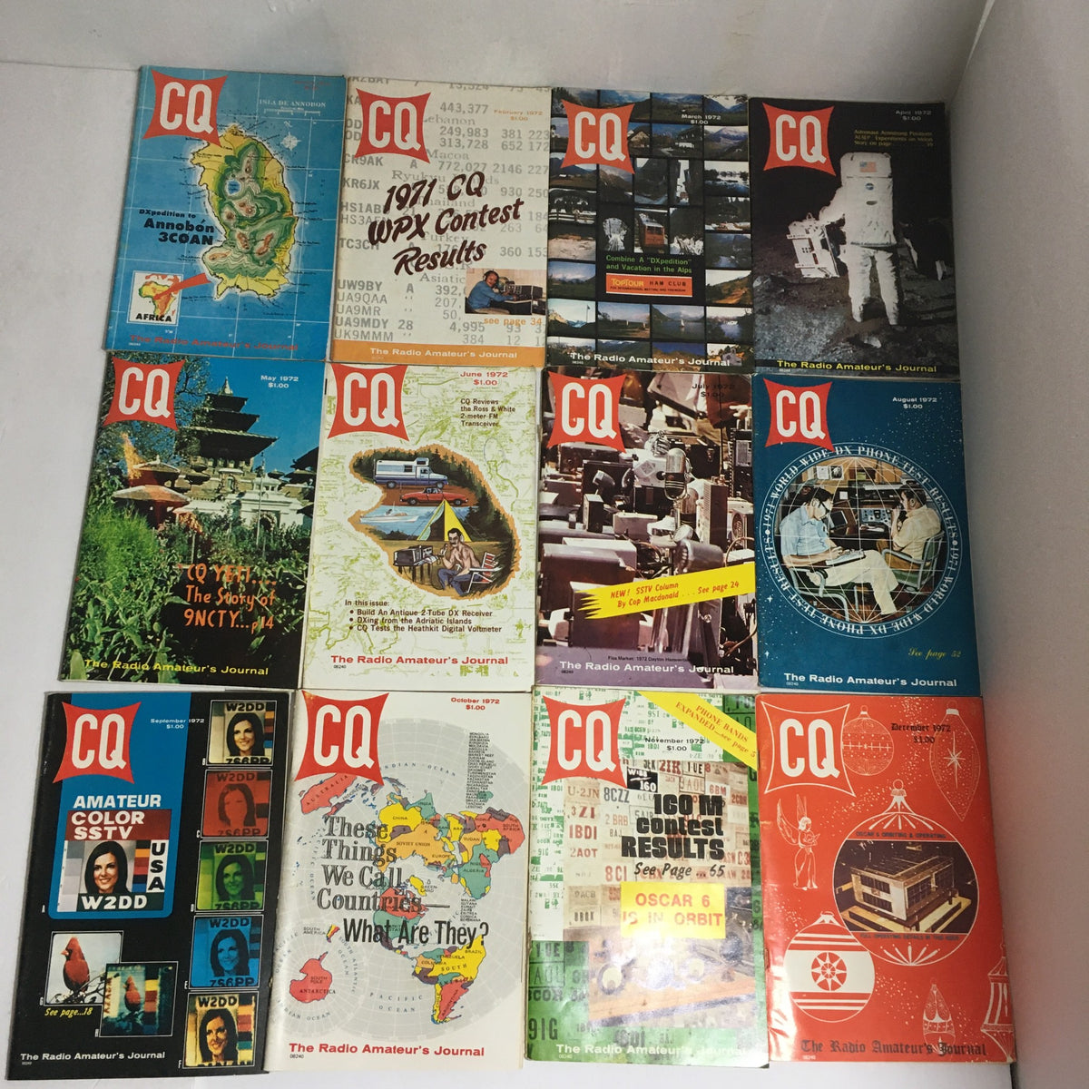 Lot of 12 Complete January to December 1972 CQ The Radio Amateur's Journal displaying vintage magazine covers highlighting various amateur radio topics and techniques.